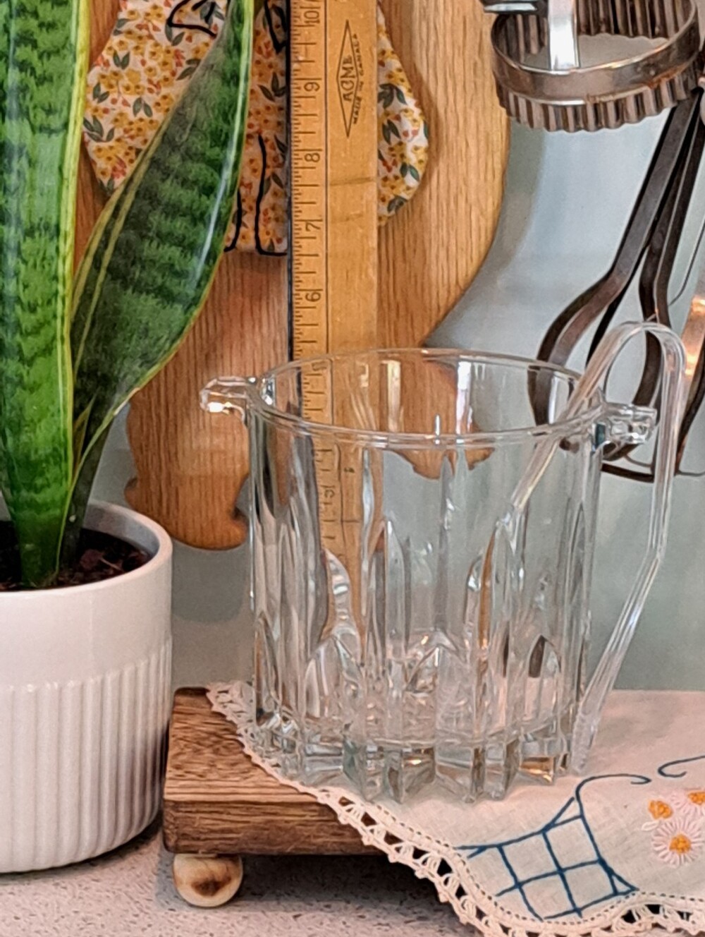 *Italy*Crystal-Effect Clear Glass Ice Bucket with Handle And Tongs